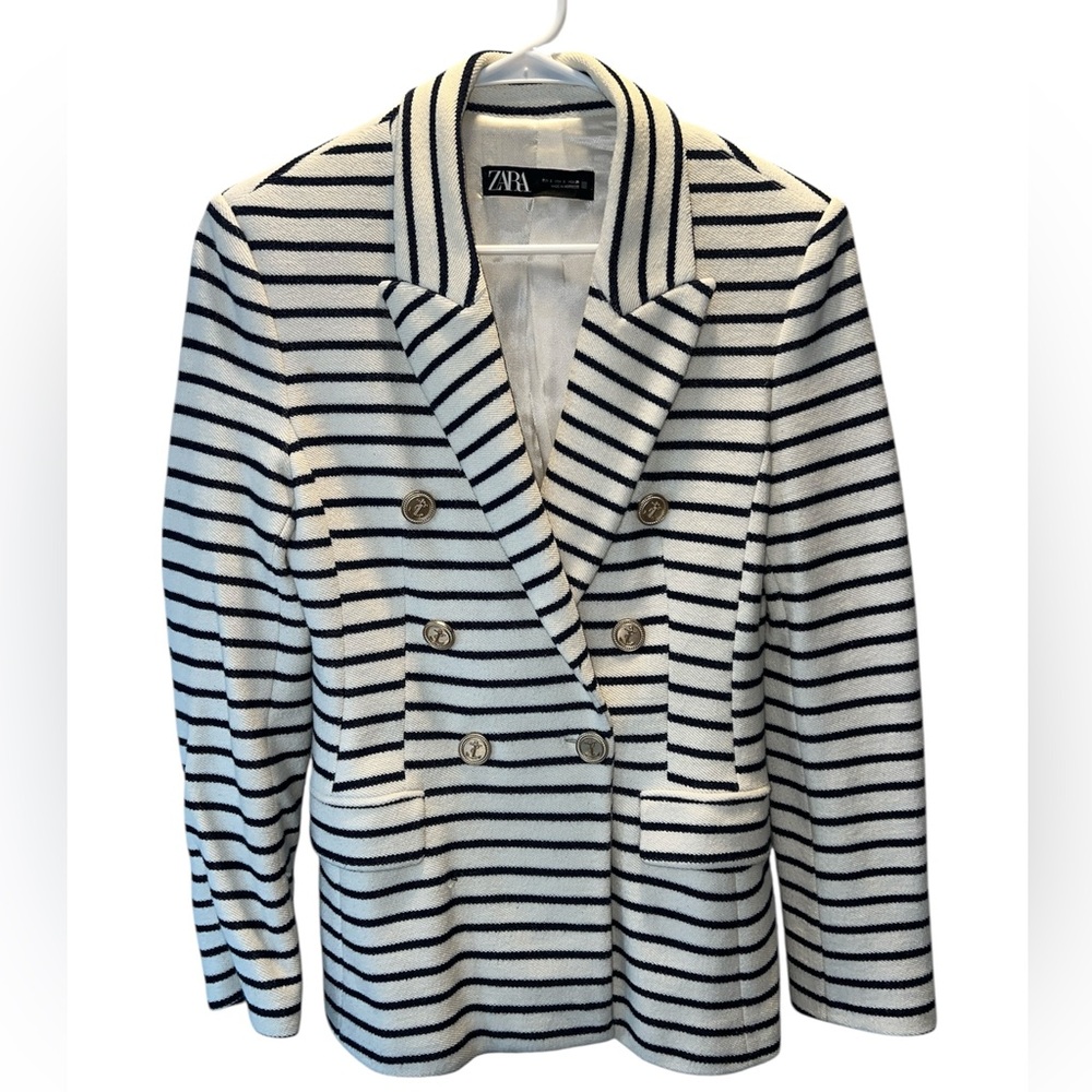 Zara Navy and White Striped Blazer with Gold Buttons - Picture 2 of 3
